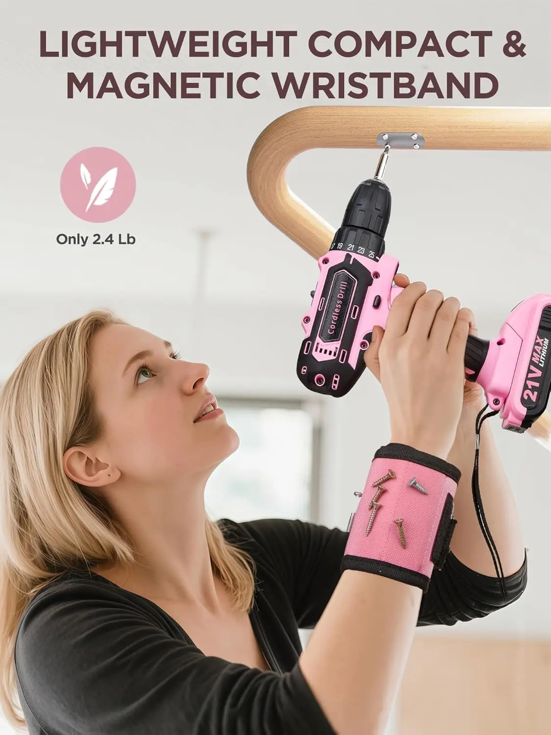 Zestaw wiertarki akumulatorowej 154 elementy, wiertarka elektryczna 21V z torbą do przechowywania, magnetyczny pas narzędziowy, różowy