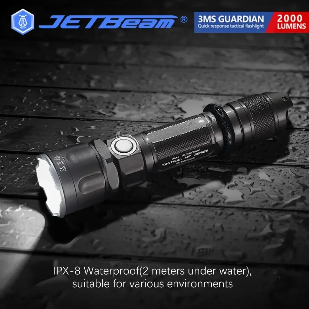 JETBeam 3MS EDC LED Flashlight 2000 Lumens USB-C Rechargeable Water Resistant Black EDC Tactics Everyday Carry