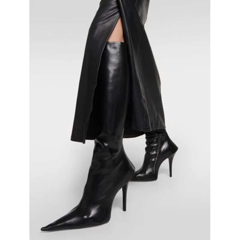 Black Pointed Special-Shaped Zipper Stiletto Knee Boots Woman Winter 2024 Sewing Thread Side Zip High Heel Ankle Boots Luxury