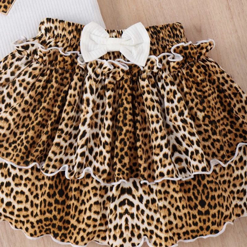Girls' Spring Summer Halter Leopard Heart Print Vest Bowknot Lace Cake Dress Set