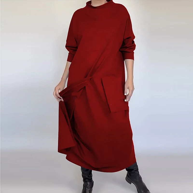 Vintage Solid Round Neck Sweatshirt Dress Women Fashion Patchowork Pocket Long Dress Autumn Winter Long Sleeve Pullovers Dresses