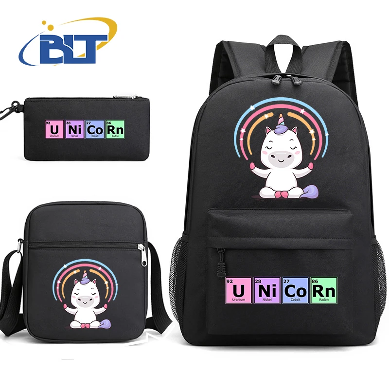 Cute unicorn print student school bag set youth backpack shoulder bag pencil case 3-piece set kids back-to-school gift