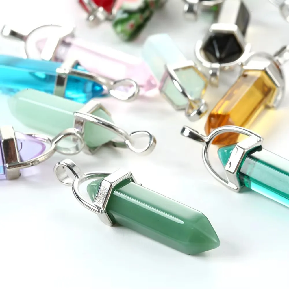 Natural Stone Crystal Hexagonal Point Pendants Quartz Bullet Hexagonal Pendulum Reiki Chakra DIY Jewelry Necklace Accessories