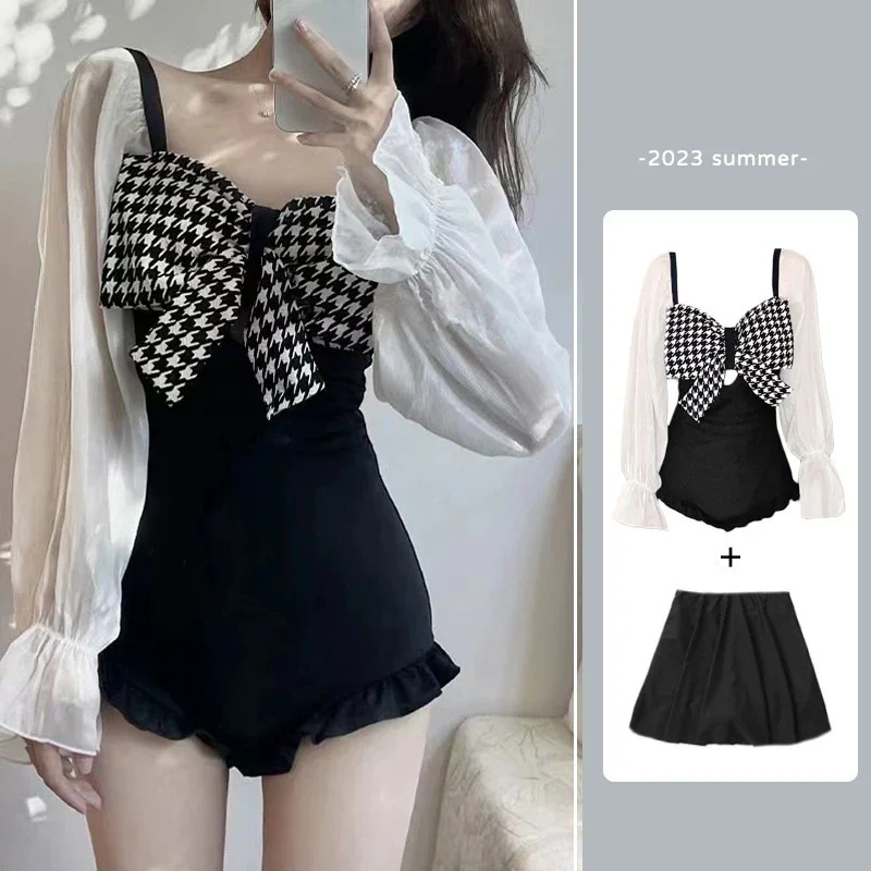 

2023 Sexy One-Piece Swimsuit Women's Black And White Big Bow Long-Sleeved Sunscreen Beach Dress Women's Solid Color Swimwear