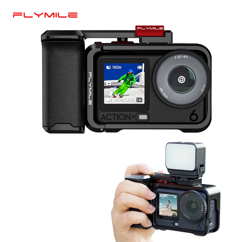 Poignée de photographie Flymile Action 6 en alliage d'aluminium, cage métallique avec bouton de déclenchement, poignée Xplorer pour accessoires DJI Action 6