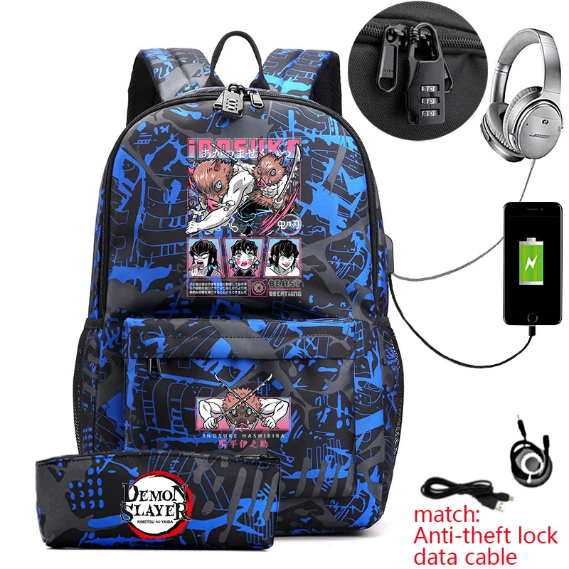 デーモンスレイヤー-イノスケ-アニメプリント-盗難防止バックパック-学校用-ペンシルケース付き-男の子-女の子-キッズ-ブックバッグ