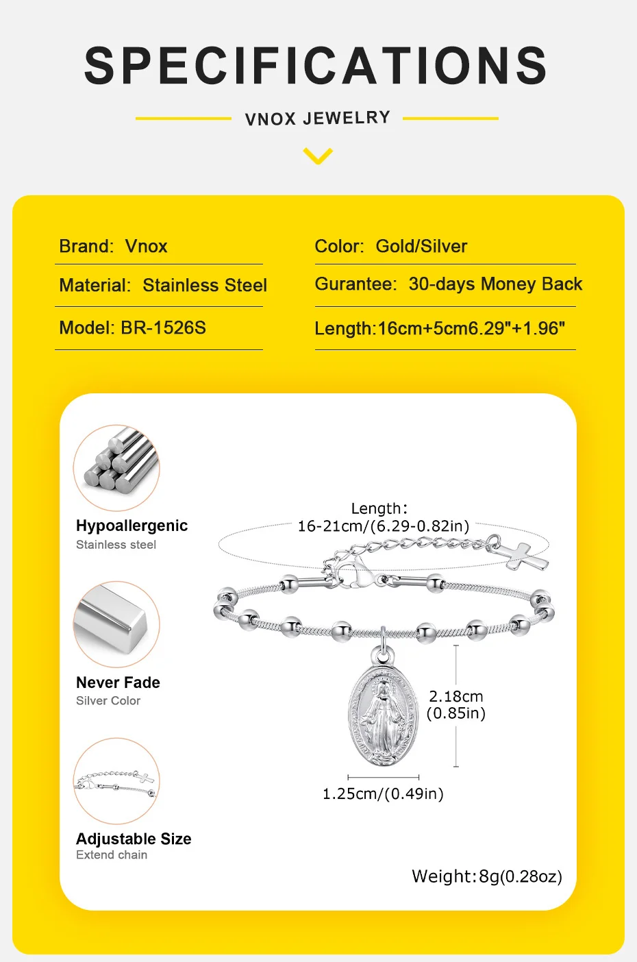 Vnox Rosenkranz Armband für Frauen Mädchen, vergoldete Edelstahl religiöse Kreuz und Virgin Mary Gebets armbänder Geschenke – Detail 6