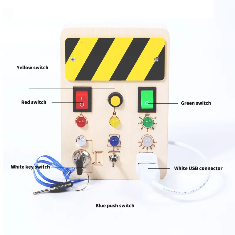 LED-Licht-Arbeitsbrett aus Holz, elektronisches Busyboard-Schalter, physikalisches pädagogisches Montessori-Spielzeug für Kinder, tägliches