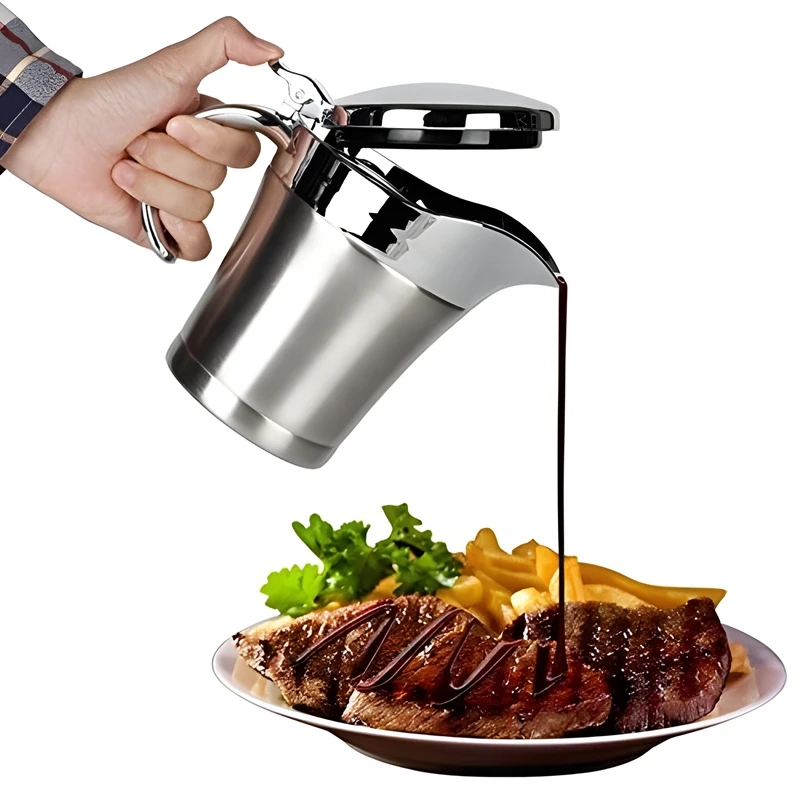 

Double Insulated 450ml 750ML Stainless Steel Gravy Boats With Lid Wide Spout Sauce Jug Pots for Steak Salad Dressings