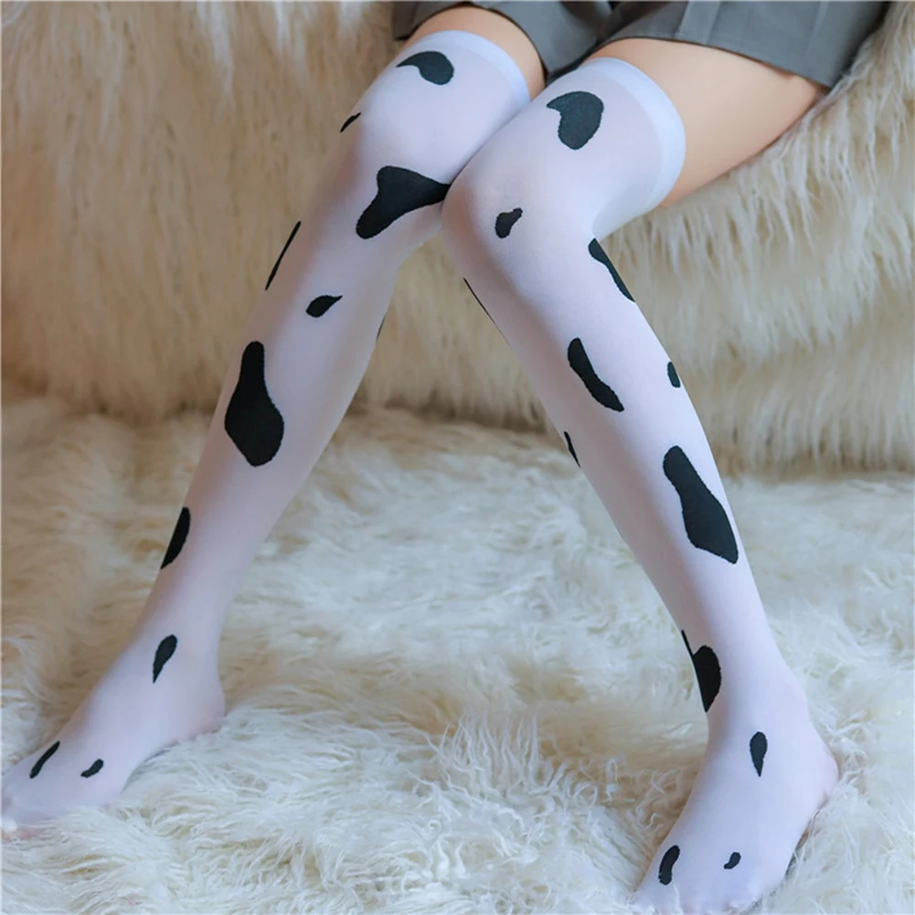 Casual Style Stockings Cow Spots Stockings Daily Use Home Wear Printing Pattern Above The Knee Length Brand New Condition