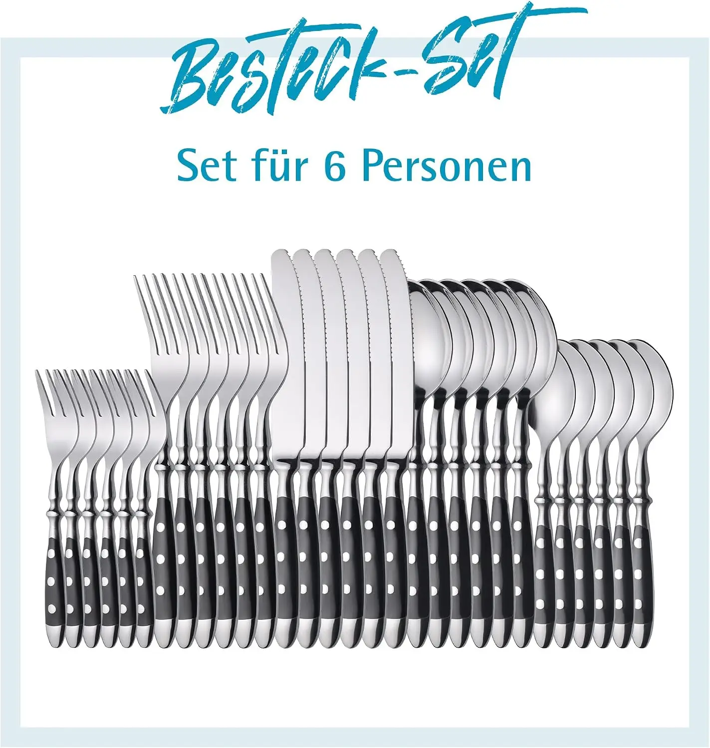 cutlery set for 6 persons made of stainless steel, Heavy, Rustic, Table cutlery set 30 pieces, Forged cutlery with black handles