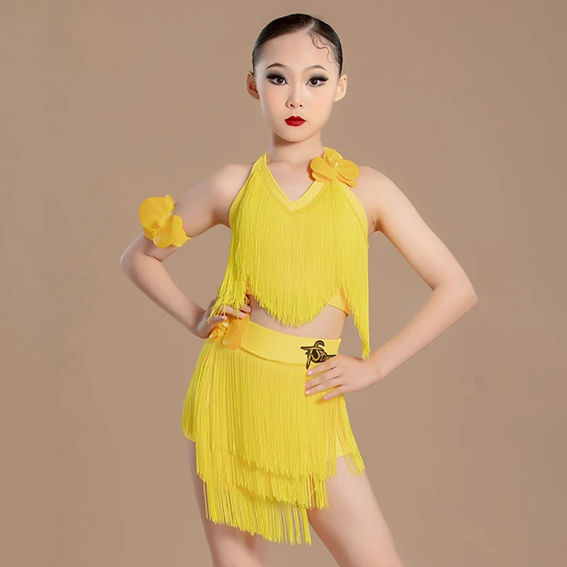 ملابس الرقص اللاتينية الفتيات هامش ملابس رقص شرابة القمم تنورة المنافسة فستان مجموعة اللاتينية ممارسة الرقص الملابس BL13938
