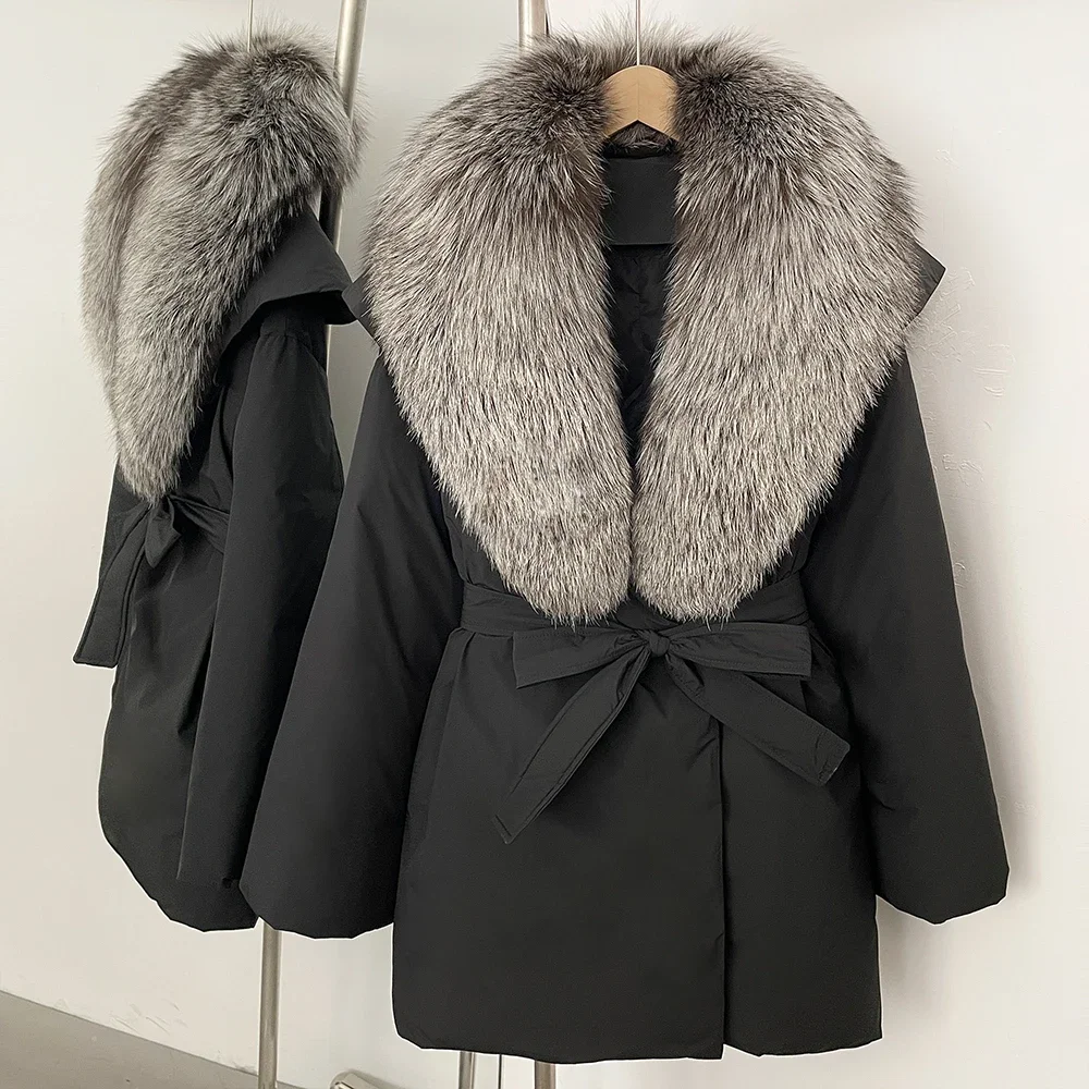 เสื้อโค้ทขนเป็ดขาวแฟชั่น 2025 สำหรับผู้หญิง ปกขนสุนัขจิ้งจอกแท้ธรรมชาติ เสื้อแจ็คเก็ตพัฟฟี่ขนฟู อุ่นหนาพิเศษ เสื้อคลุมฤดูหนาวรุ่นใหม่