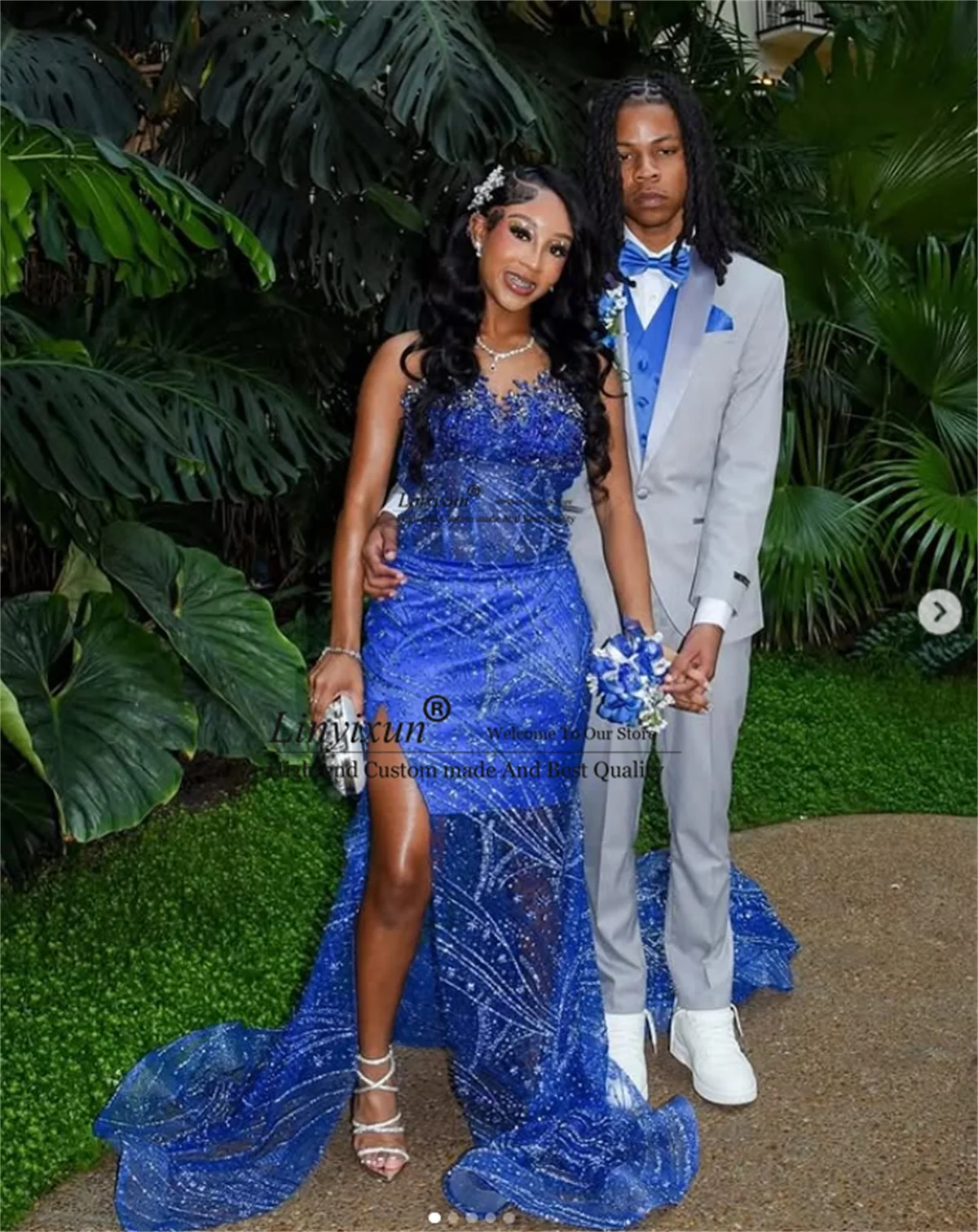 

Luxury Diamond Beaded Mermaid Wedding Prom Dresses For Black Girls Customized Evening Party Gowns Sexy Slit robes de soirée