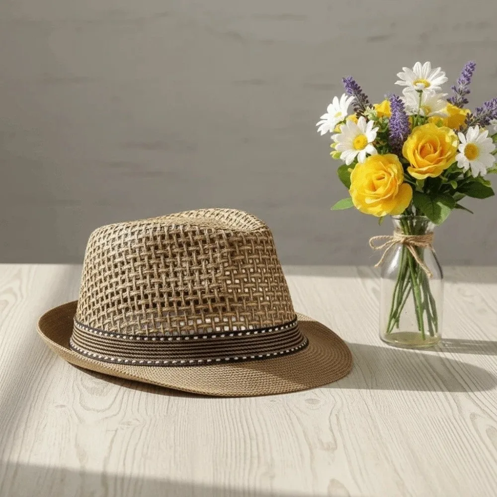 Short Brim Men Panama Hat Breathable Hollow Out Woven Straw Hat Lightweight Sunshade Topi Vacation Beach Cap Fashion Show view 4