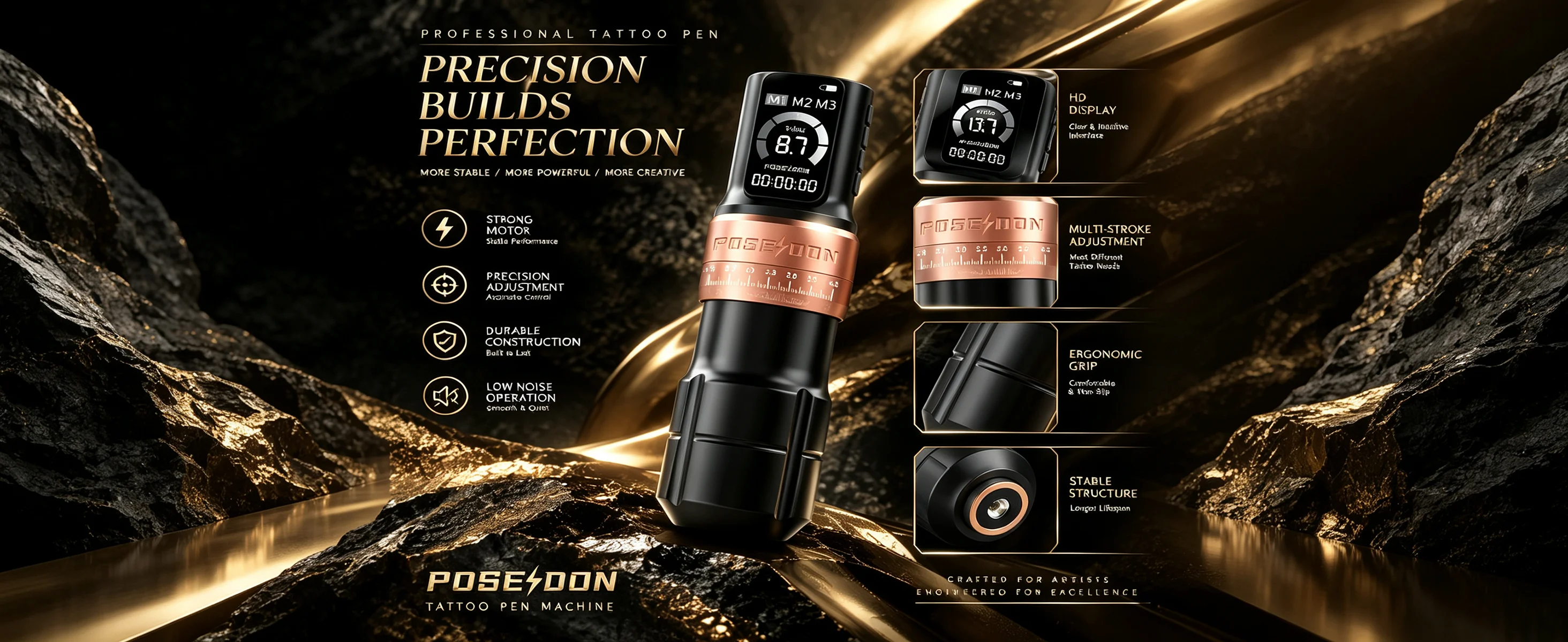 POSEIDON Dual-Power Tattoo-Set oder Tattoo-Maschine, Tattoo-Stift-Set mit einstellbarem Hub für Tattoo-Maschinen, kabelloses Tattoo-Gerät-Set – Detail 3