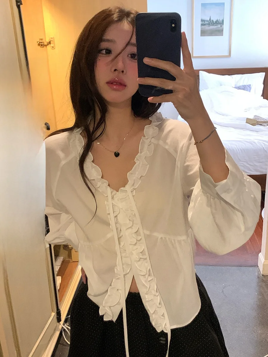 

Sweet Style Long Sleeve Shirt with Bow Tie V-Neck Floral Lace Thin Sun Protection Cotton Polyester Spring 2026 Women's S...