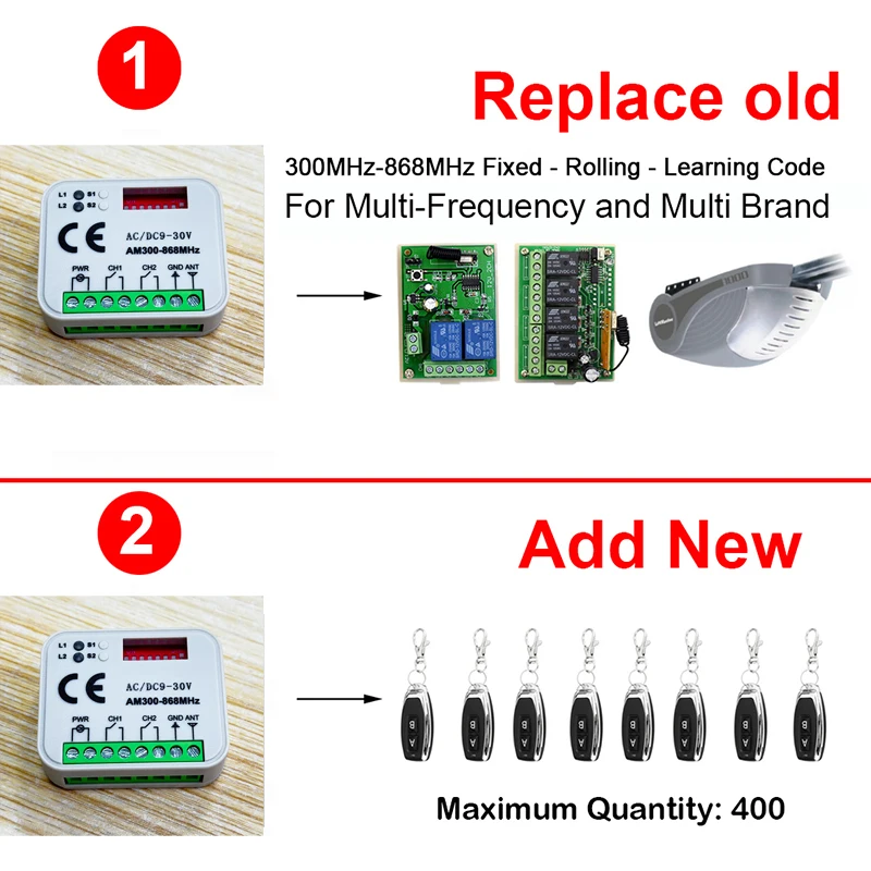 AC DC 9-30V 300-868MHz Garage Door Remote Control Receiver Relay Module 433 868 MHz Transmitter for Garage Door and Gate Control