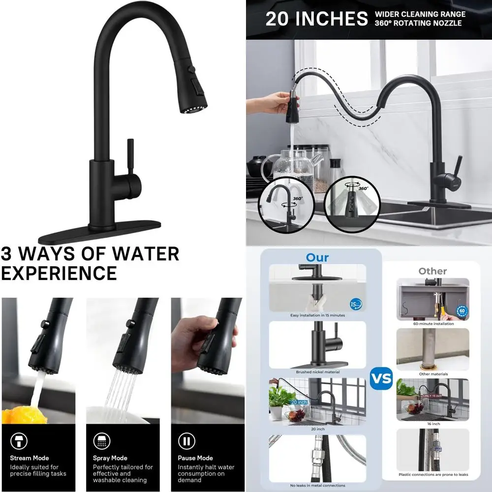 

Stainless Steel Pull-Down Spray Kitchen Faucet, Single Handle for 1 or 3 Holes, Suitable for Farmhouse, Commercial, Camper, Laun