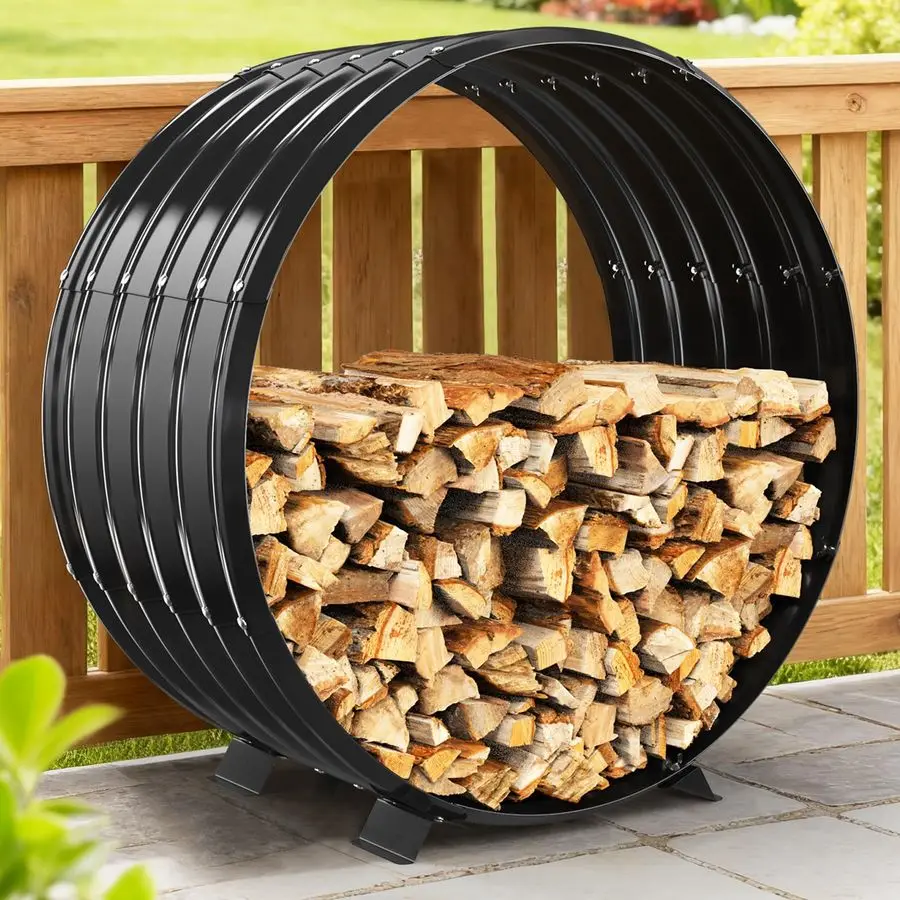 

Firewood Rack Outdoor Indoor with Cover, 500Lbs Capacity,Heavy Duty Fire Wood Pile Storage Rack, Round Fireplace Log Holder Stan