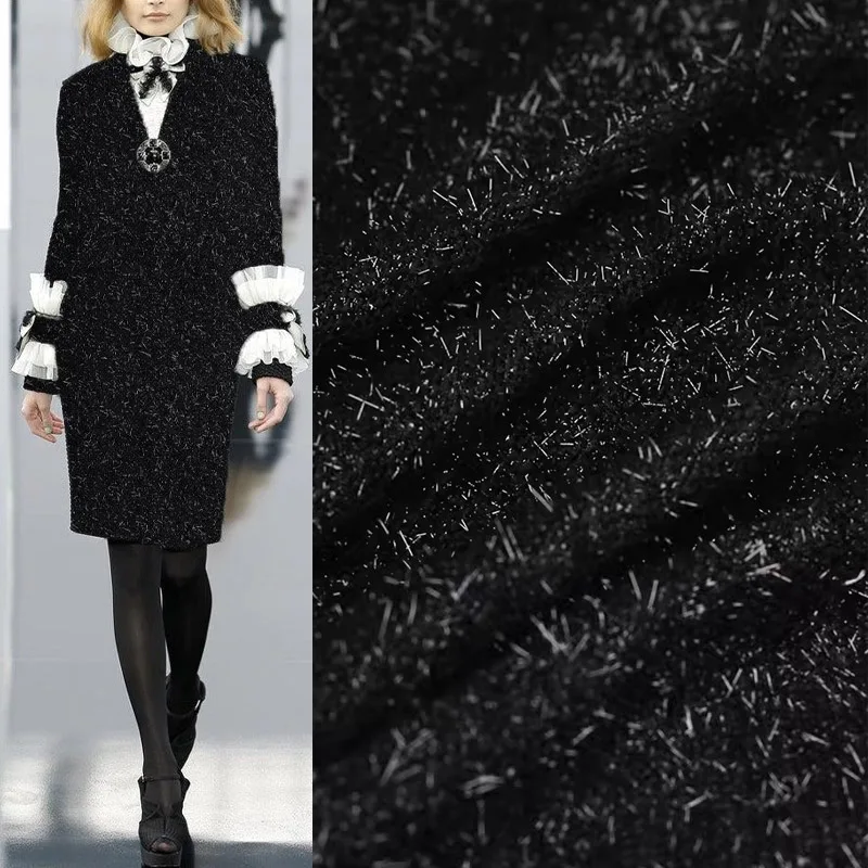 

2024 Европейская и американская черная яркая твидовая ткань с проволокой для женщин, осеннее пальто, юбка, куртка, окрашенная в пряжку ручная работа, ткань для шитья