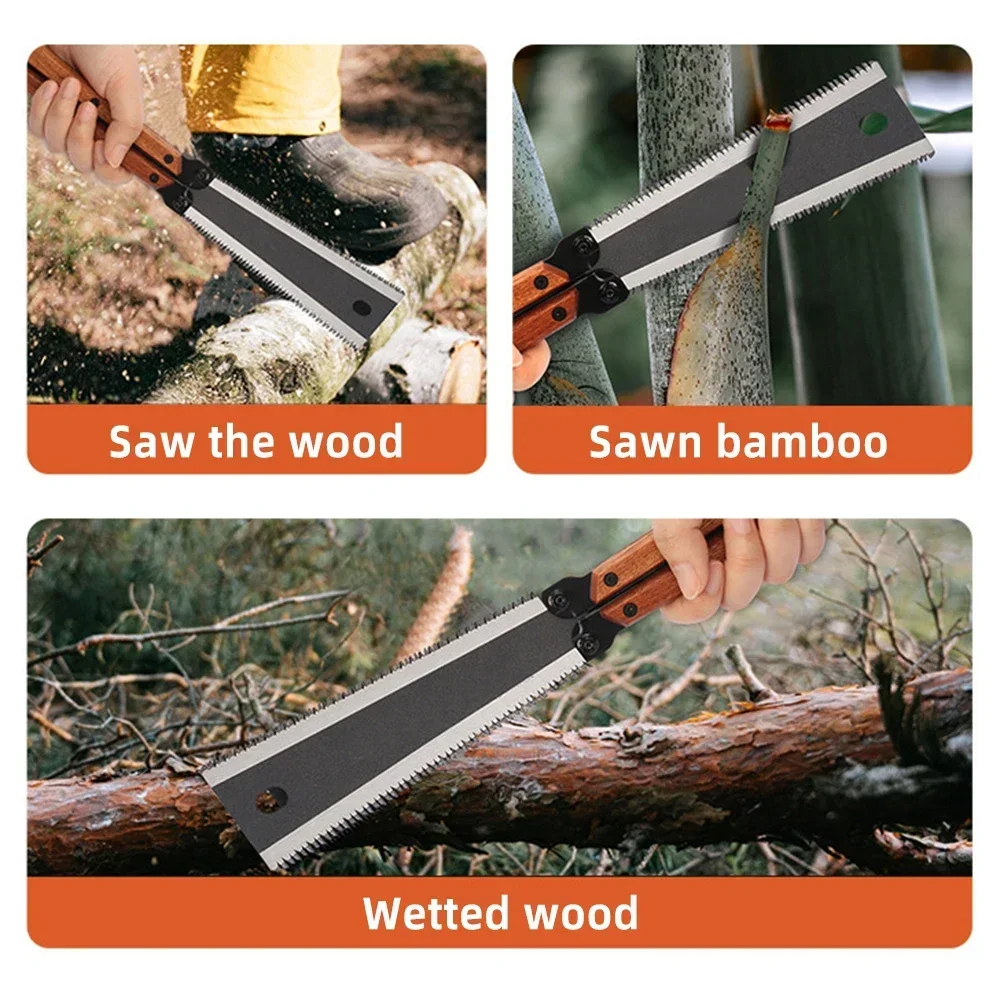 Doppelseitige Klappsäge mit Holzgriff für Holzbearbeitung, DIY, Camping, Gartenarbeit und Holzschneiden – Detail 11