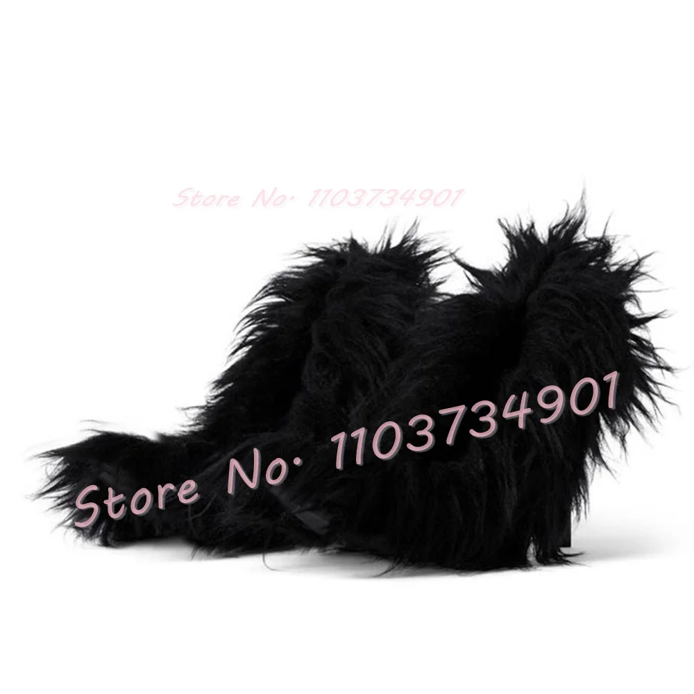 Black Faux-Fur Slip-On Pumps Women Sexy Pointed Toe Stiletto High Heels Shoes Ladies Fashion Elegant Solid Casual Big Size Pumps