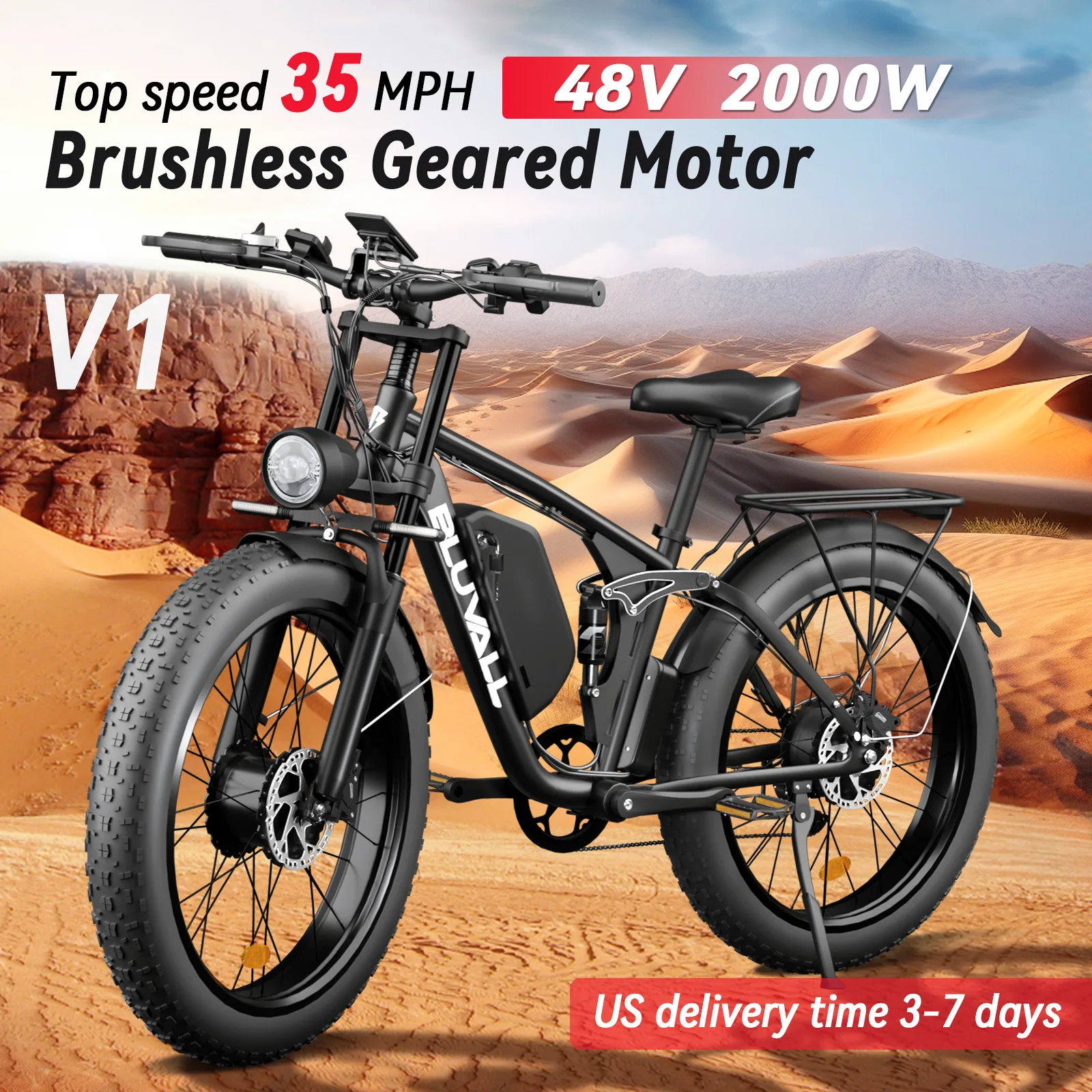 BLUVALL S1 48v  E-Bike Dual 2000W Fat tire Ebike 8 Speed Snow Beach Bike 26*4.0  Dual Motor Full Suspension 35MP