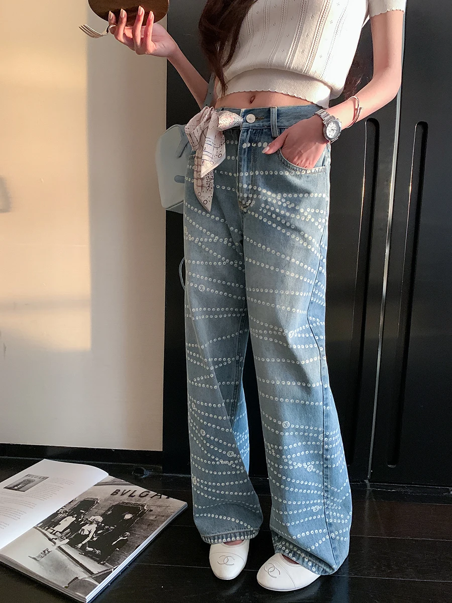 Low Waist Loose Fit Thin Denim Jeans Women's Summer Earth Store Design Sensation Pearl Print Wide Leg Pants Casual Sle