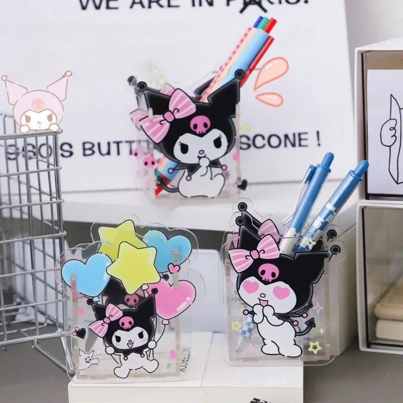 New Sanrio Transparent Acrylic Pen Holder Student Kuromi Pattern Desktop Decoration Girl Makeup Brush Kawaii Storage Box