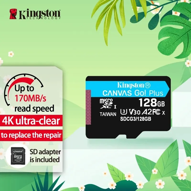 Kingston กล้องติดรถยนต์การ์ดความจำ256GB TF (MicroSD) ขนาด128GB การ์ดความจำ U3 V30 A2ความเร็วในการอ่าน4K 170เมกะไบต์/วินาที