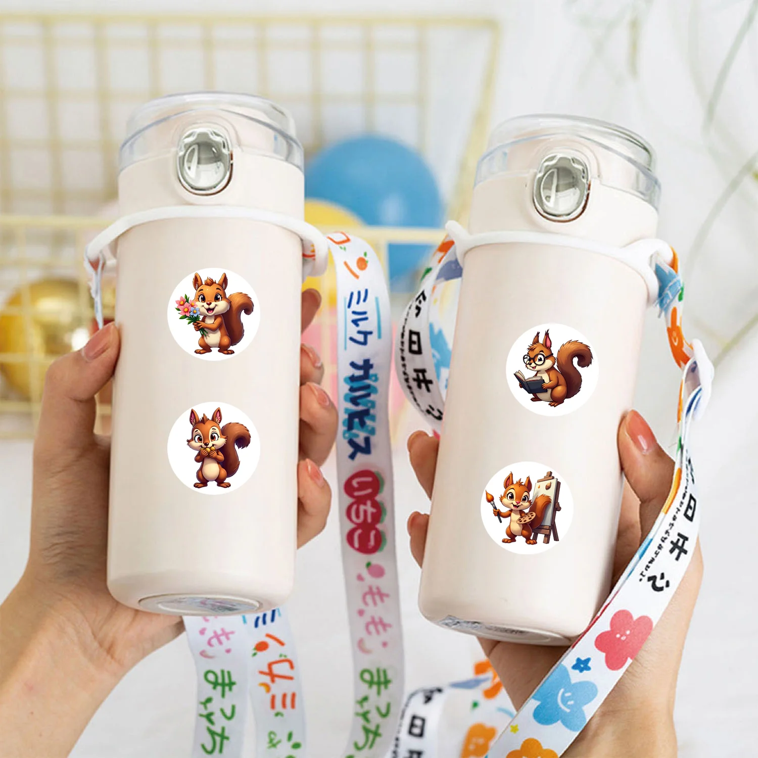 1Roll(500Pcs) Lovable Happy Squirrels Pattern Stickers 2.5cm/1.0'' 10 Designs Decals Diy Adorn Gifts Home Decor Sealing Labels