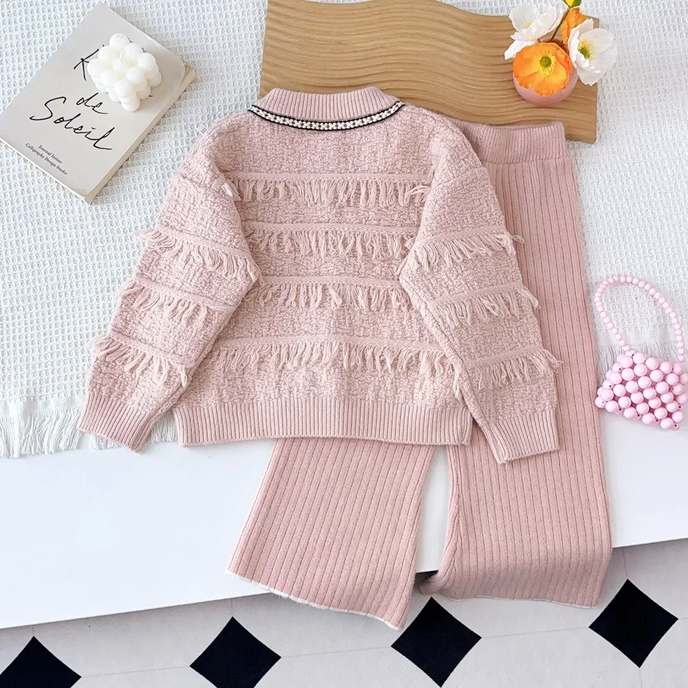 Bear Leader Girls Clothes Solid Color Sweater Children's Sets Tassel Single Breasted Cardigan Jacket+Pants Winter Two-piece Set