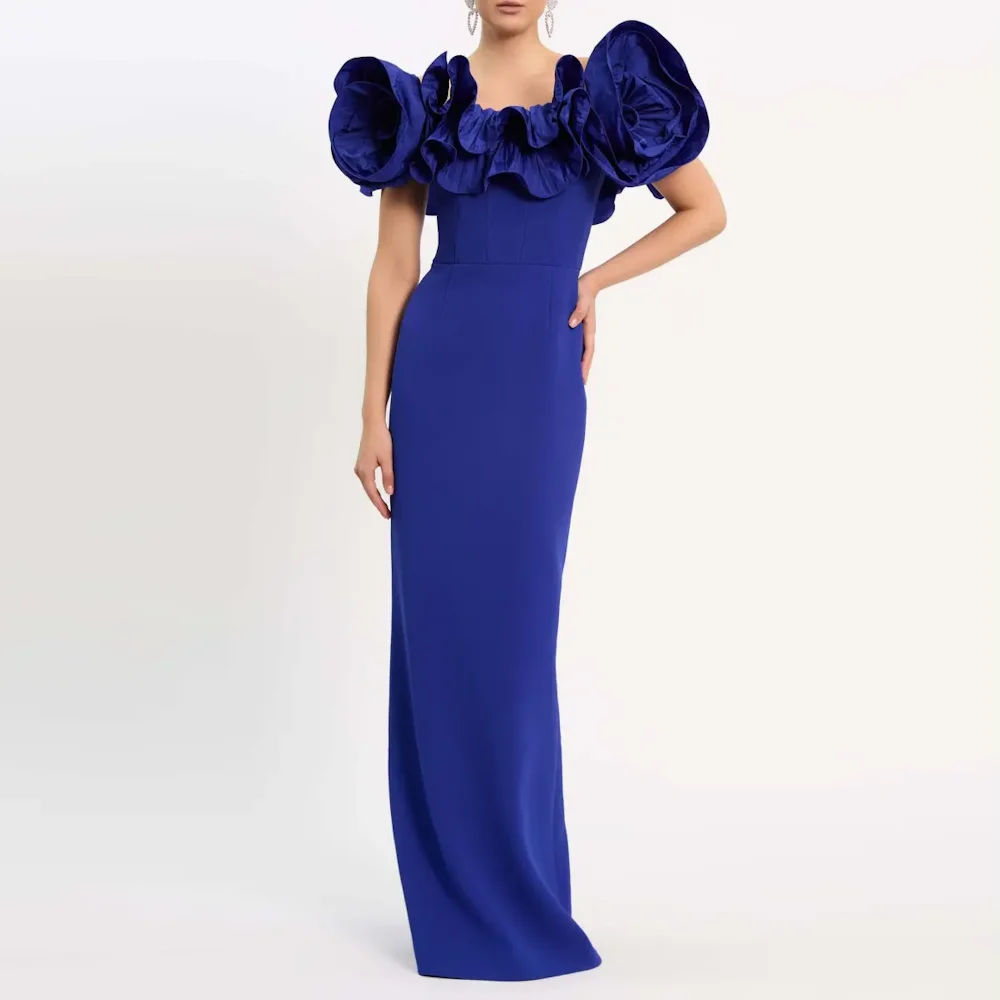 Muloong Blue Off the Shoulder Mermaid Midi Dress Ruffle Taffeta Neckline Floor Length Back Split Classic Luxury Evening Dress