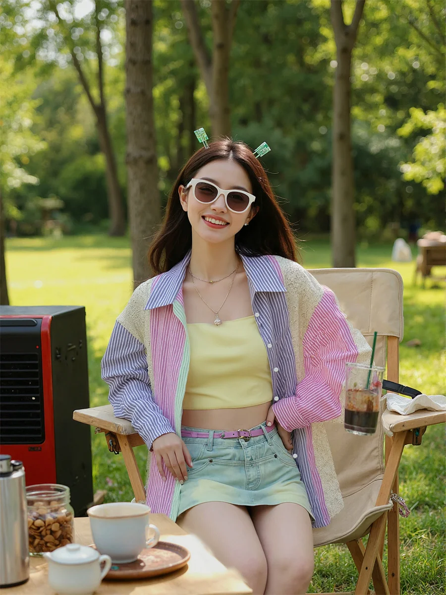 قميص نسائي صيفي بأكمام طويلة مرقع بياقة دائرية وزر أمامي بسيط أساسي وبسيط وبلوزات غير رسمية على الموضة #5