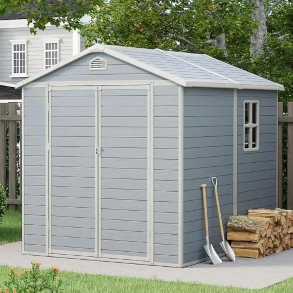 8’x6’ Outdoor Storage Shed, Resin Utility Tool Shed Storage House with Lockable Door, for Backyard, Patio Furniture