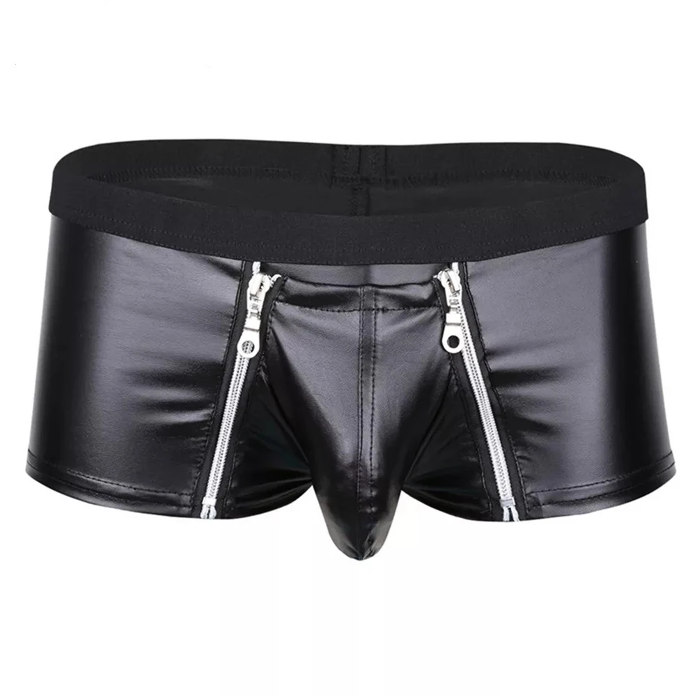 Clubwear Man Underpants For Men Wetlook Leather Zip Pouch Boxer Briefs Breathable Gay Jockstrap Man Boxershorts