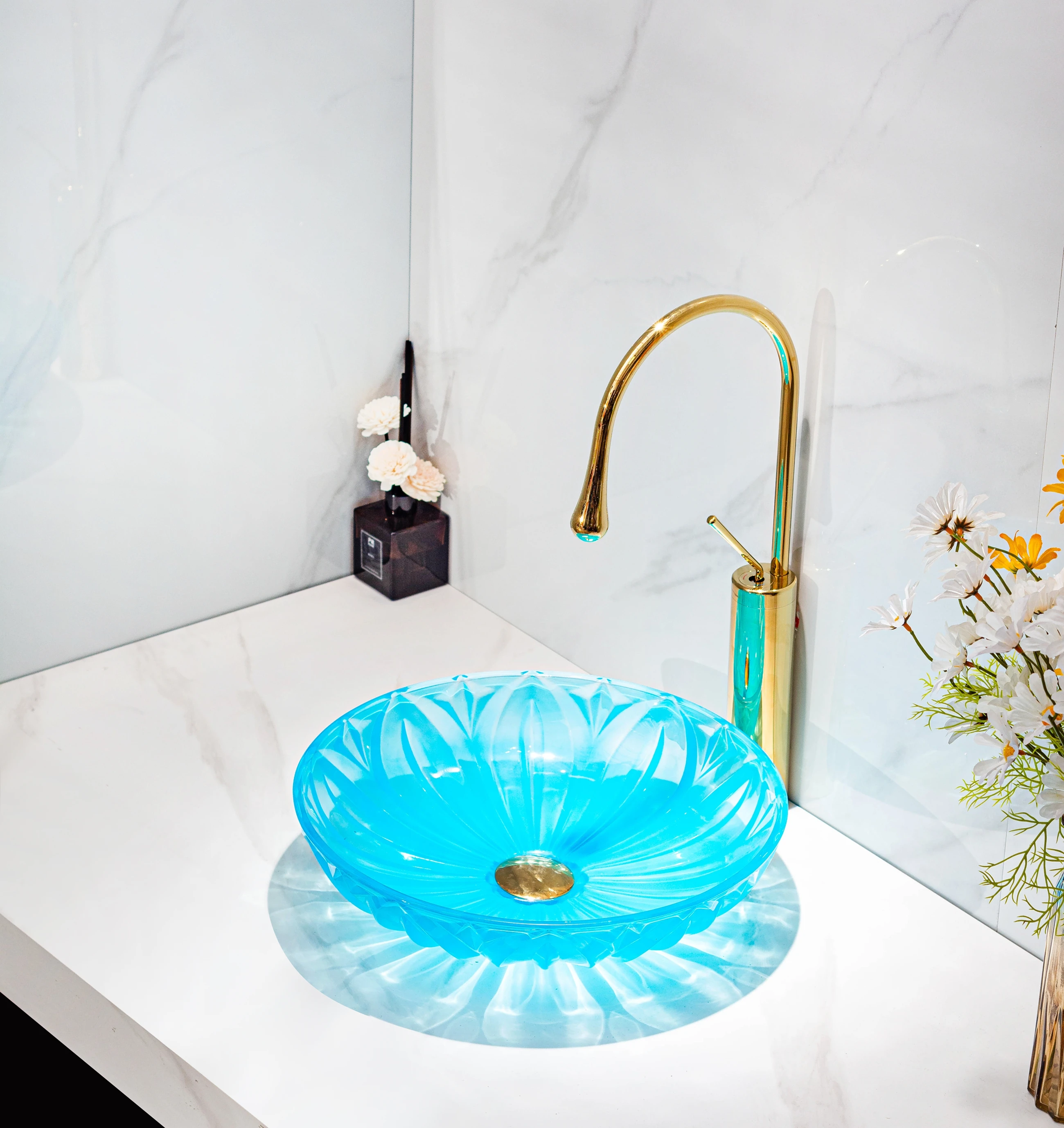 Lavabo moderno de vidrio, de un solo cuenco, redondo, para encimera de baño, color azul cielo/amarillo, capacidad de 12 litros, fácil de limpiar.
