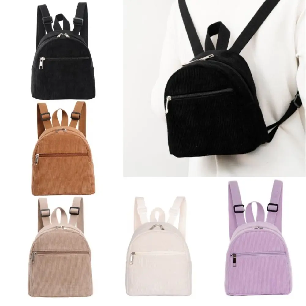

Fashion Rucksack Mini Backpack Lightweight Solid Color Corduroy Backpack Zipper Book Bags Travel