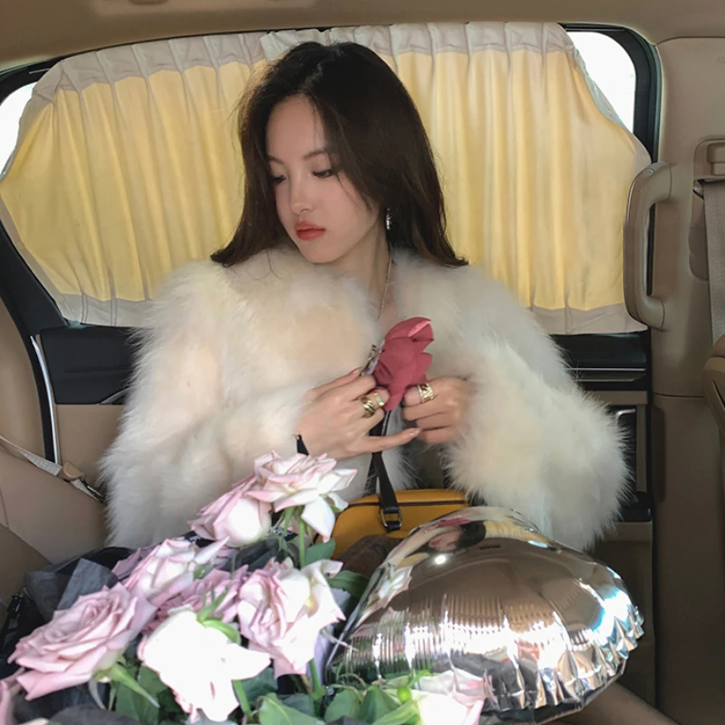 レディースフェイクファーブレンドファー秋冬長袖Vネック韓国服冬服スリムフィットファッション女性コート