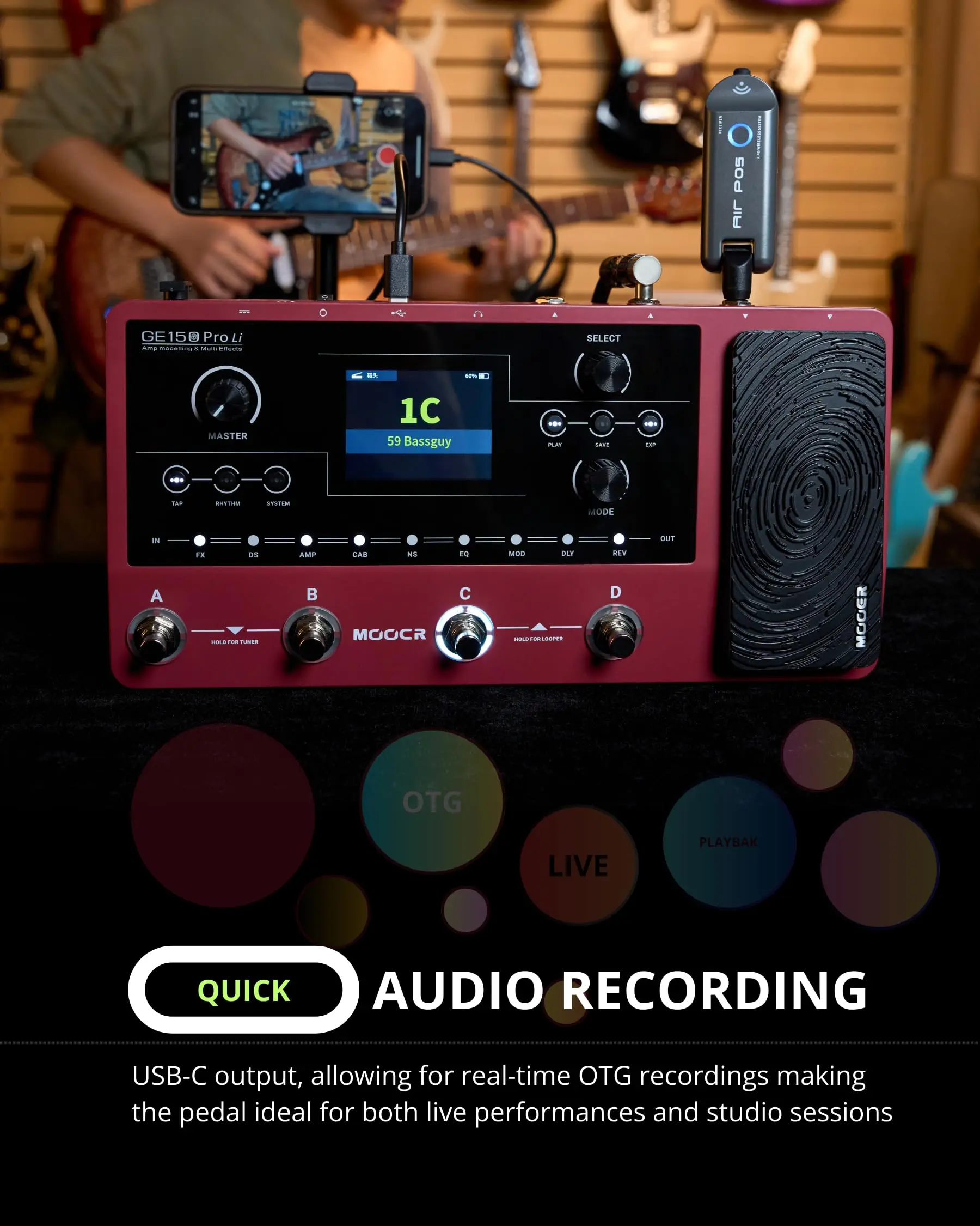 MOOER GE150 Pro/Pro Li New Guitar Amp Modeling متعدد المؤثرات دواسة OTG Looper 151 تأثيرات الحنفية تيمبو، 4 مفاتيح قدم، محمل الأشعة تحت الحمراء #2