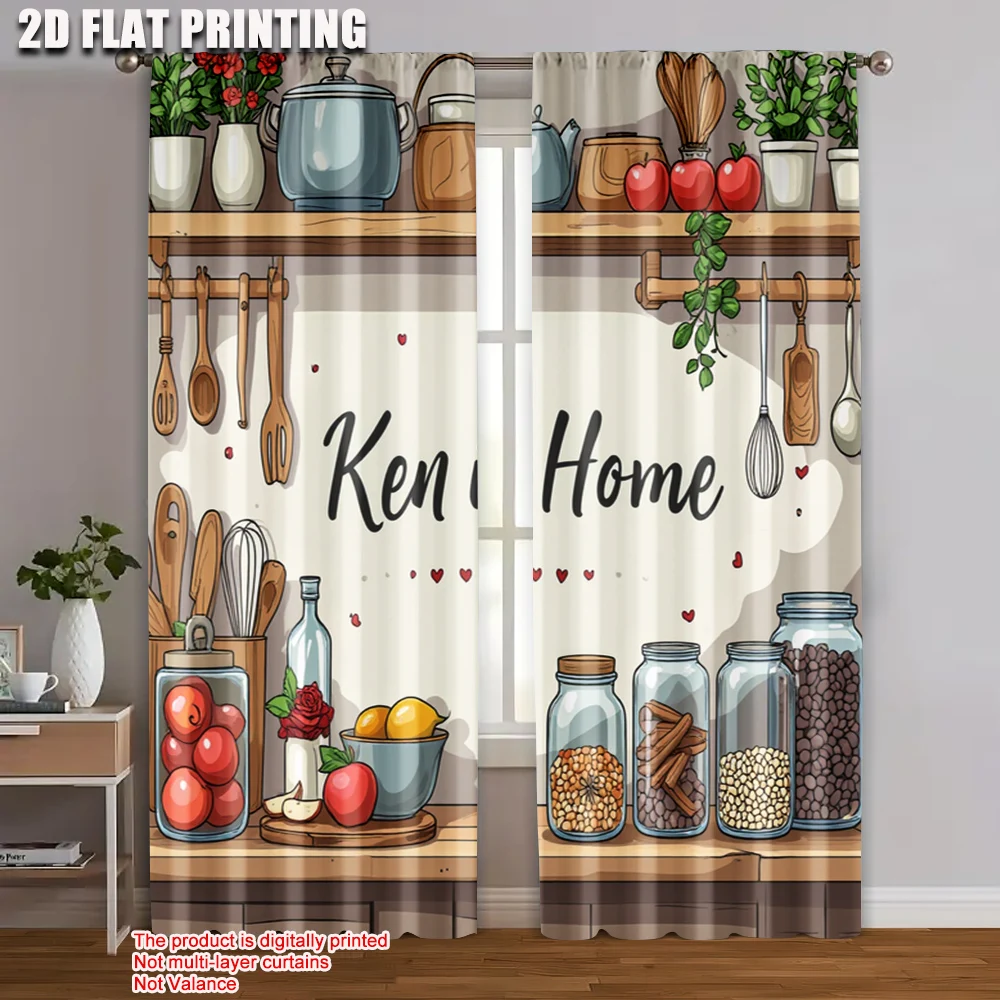 2 Stück 2D-Flachdruck-Vorhang Ken is Home Küchenutensilien Illustration Vielseitig 100 % Polyester ohne Strom Festliche Vorhänge
