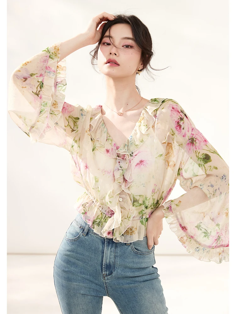 

Весна-Лето 2026: Модный шелковый топ для женщин, омолаживающий эффект, французский стиль, приталенный крой, длинный рукав, V-образный вырез