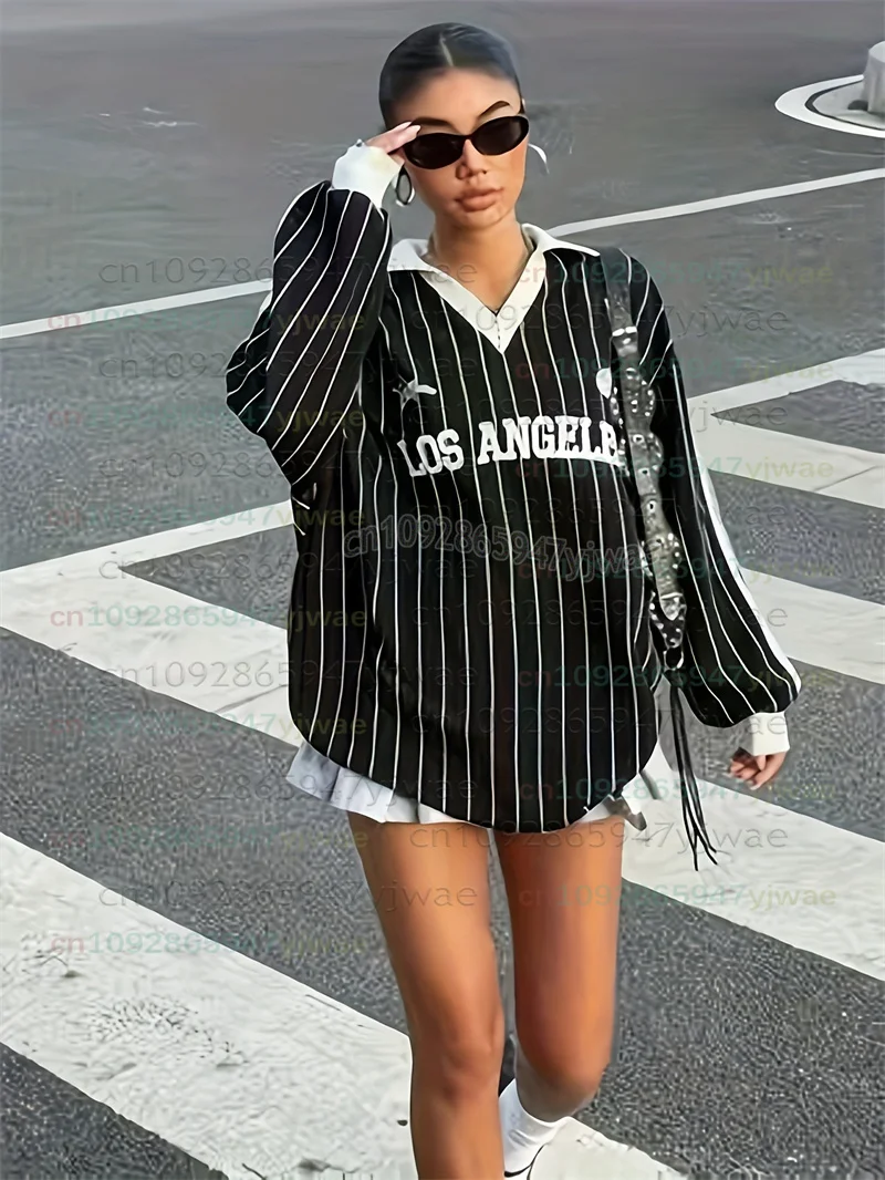 Ladies' Striped Los Angeles Letter And Number Printed Sports Collar Long Sleeved Polo Jersey T-Shirt Newly Launched Autumn Wear