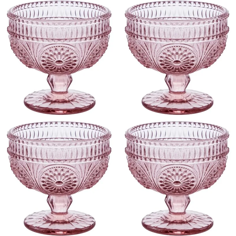 

Vintage Strips Embossed Glass Footed Dessert Bowl Ice Cream Bowl Trifle Salad Candy Cake Bowl for Home Party 9 oz,Set of 4