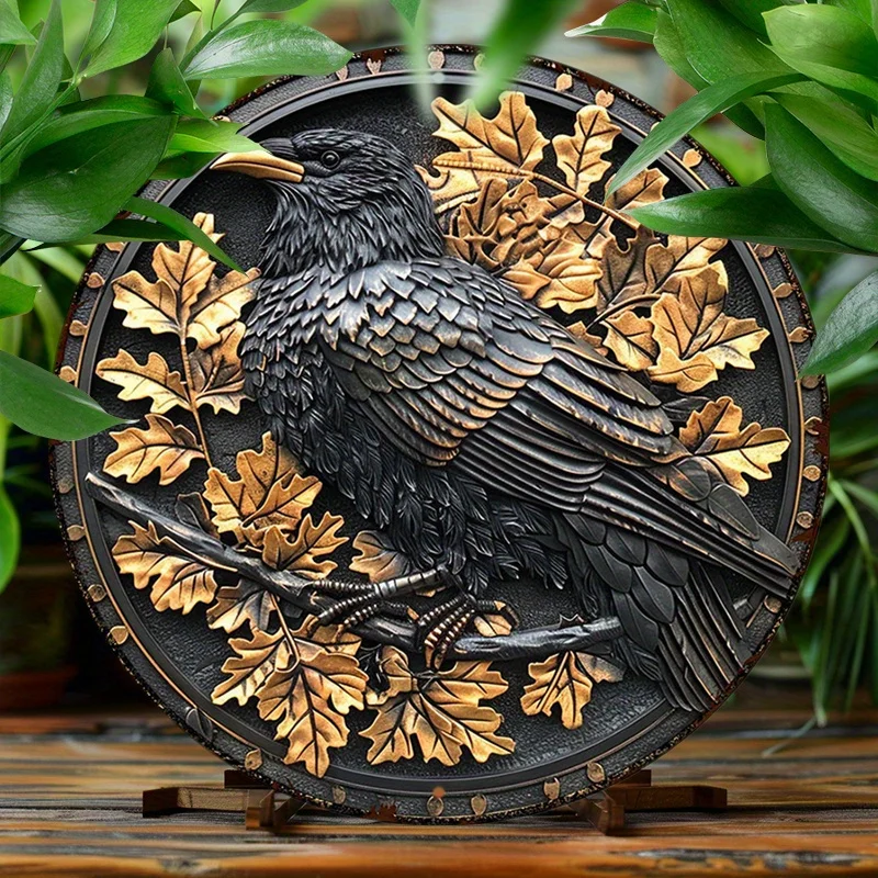 

Raven Metal Wall Art - Waterproof Black Crow Wreath Sign, Durable 2D Aluminum Round Sign for Home, Office, Cafe Decor