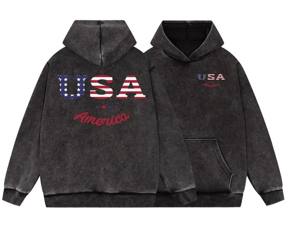 National Flag Letter Usa Mens Vintage Washed Cotton Hooded Casual Loose Sweatshirt Warm Fur-Liner Hoodie Simple