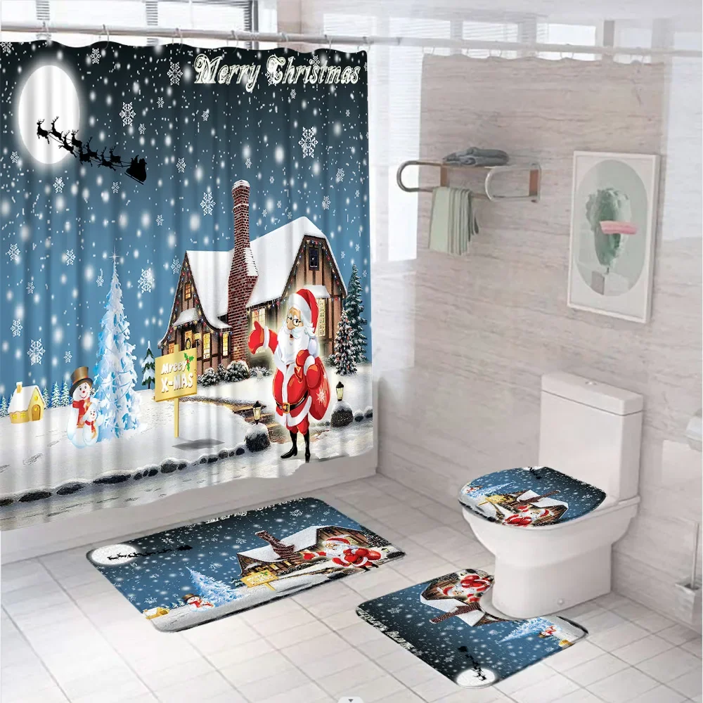 Christmas Santa Claus Shower Curtain Set With Rug Toilet Seat Cover Bath Mat Xmas Tree Snowflake Scenery Farmhouse Tubs Curtains