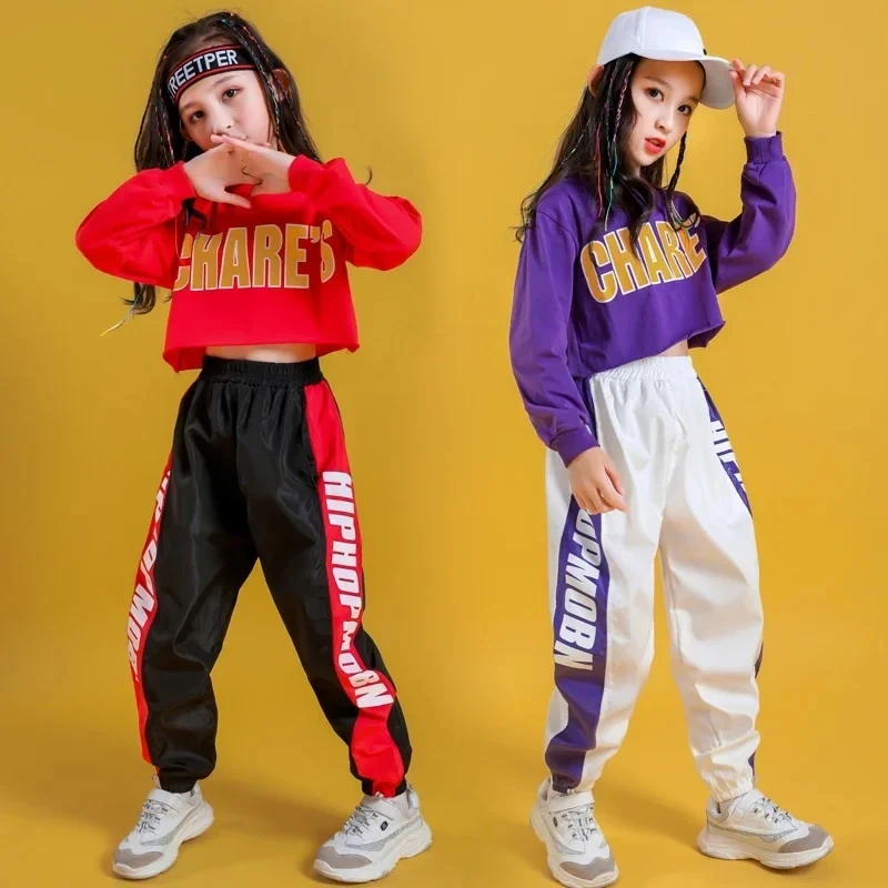 Girls Hip Hop Sweatshirt 2 Pcs Set Crop Top Kids Children Streetwear Sport Jogger Pant Outfits