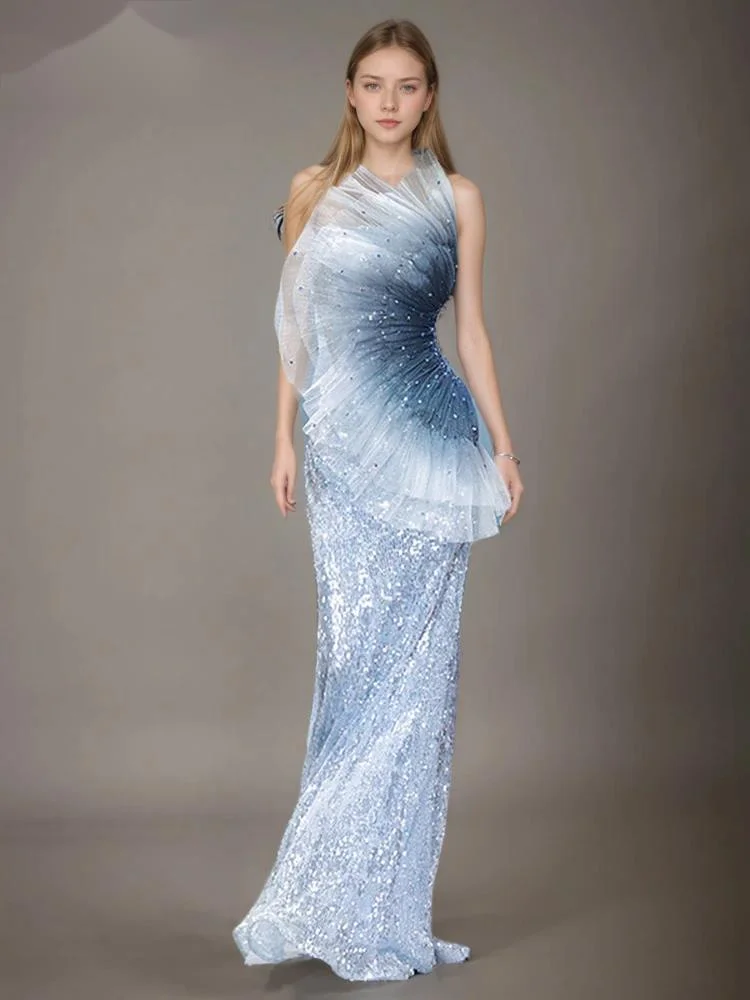 

Fashion Irregular Mesh Splicing Blue Gradient Color Dress Women's Strapless Slim Fit Ankle-length Dresses New EKTS